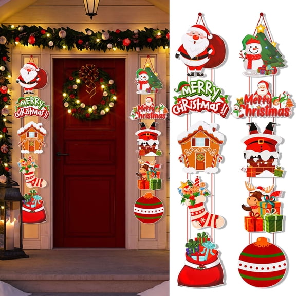 Gustave Merry Christmas Banner Garage Front Door Banner Couplets Santa Claus Snowman Elk Hanging Porch Signs for Indoor Outdoor Holiday Xmas Tree Decoration Party Supplies