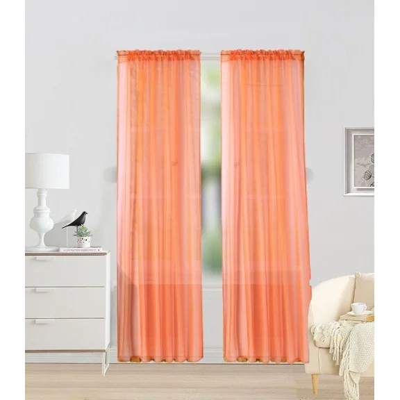 Gorgeous Home Linen Light Filtering Voile Curtain Panel, Solid Color, Rod Pocket 2-Piece Orange