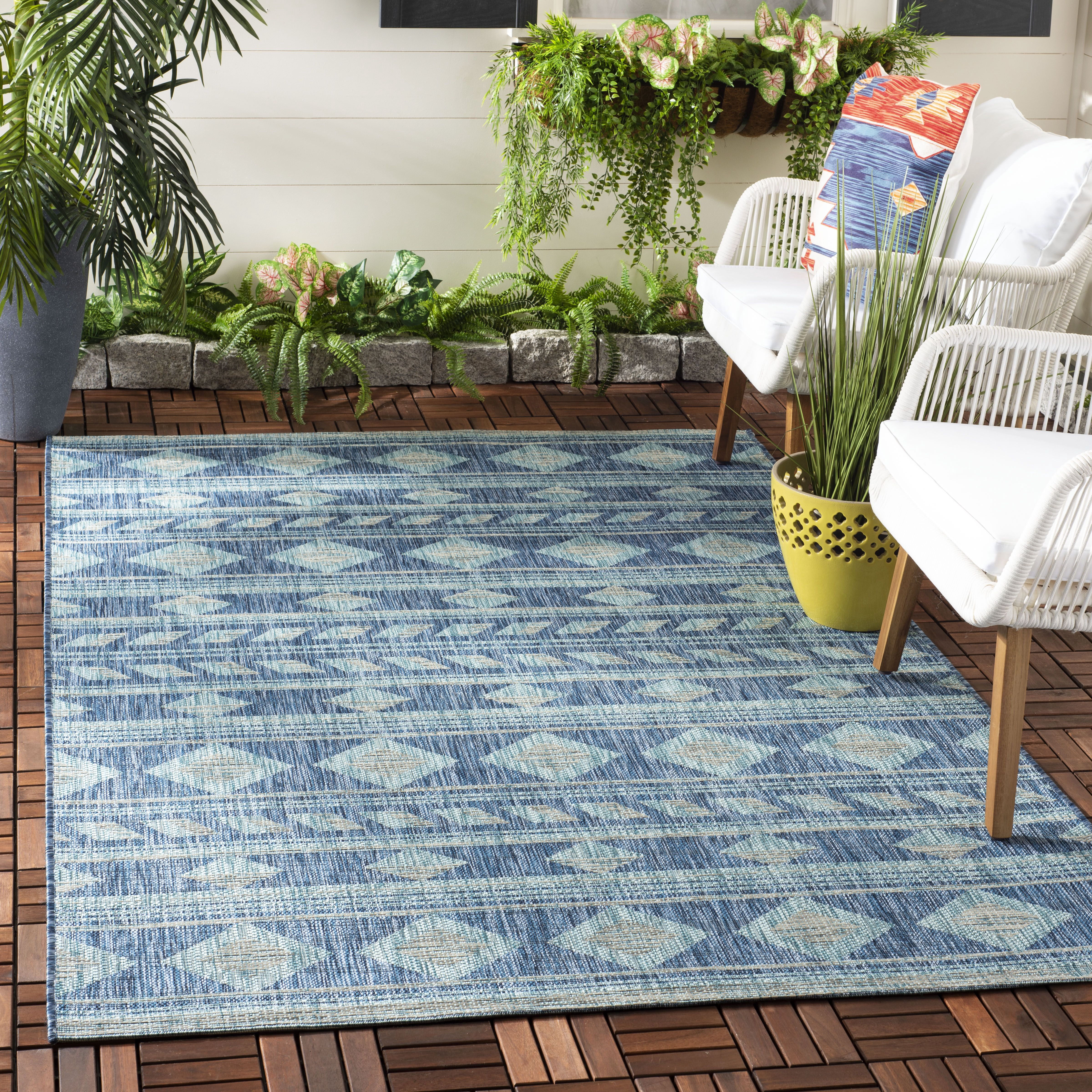 Safavieh Courtyard Allycia Geometric Indoor/Outdoor Area Rug, Navy/Aqua, 5'3" x 5'3" Square