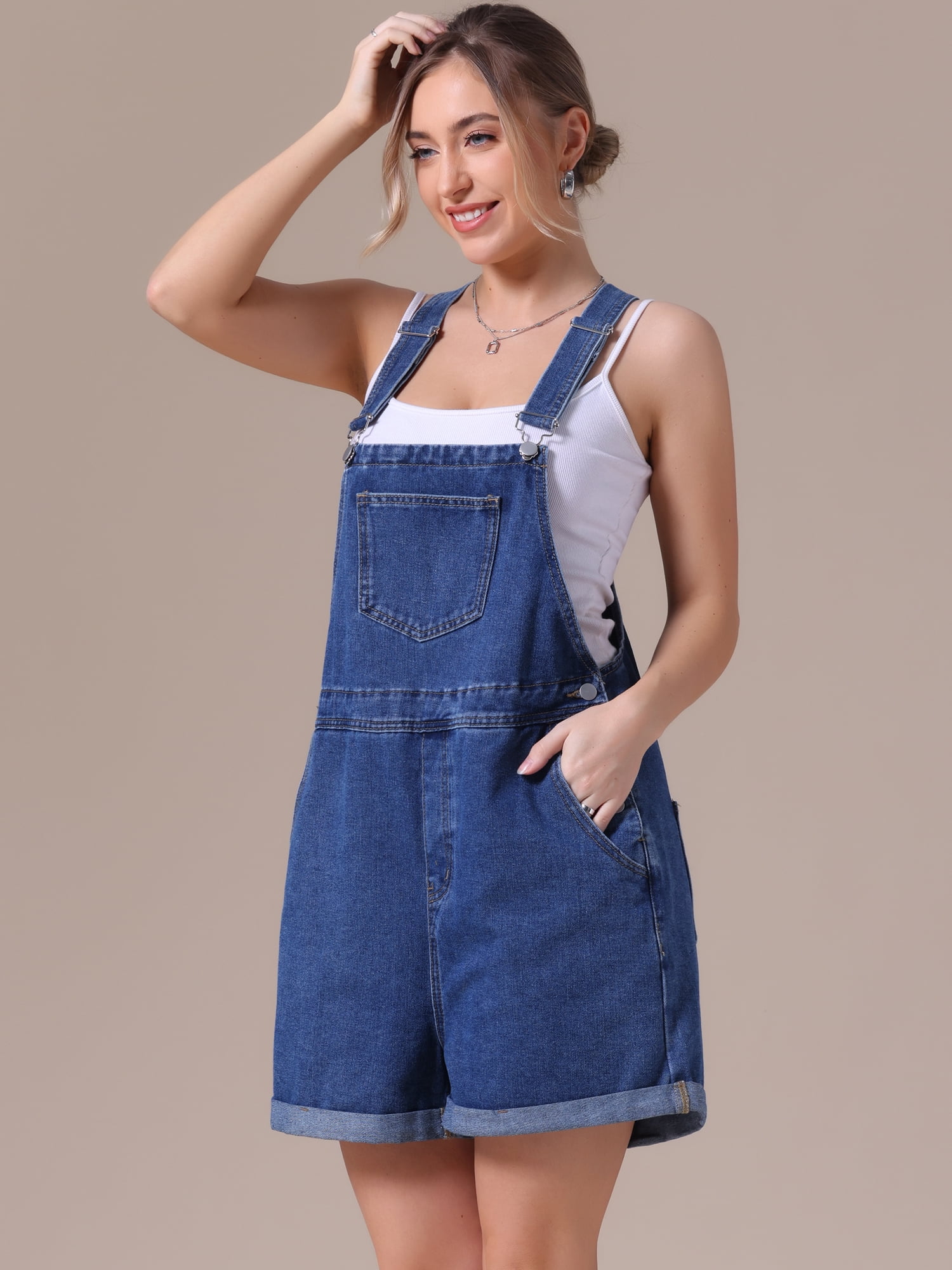 DARING DIVA Women's Denim Loose Fit Summer Jean Romper Jumpsuit L Dark Blue