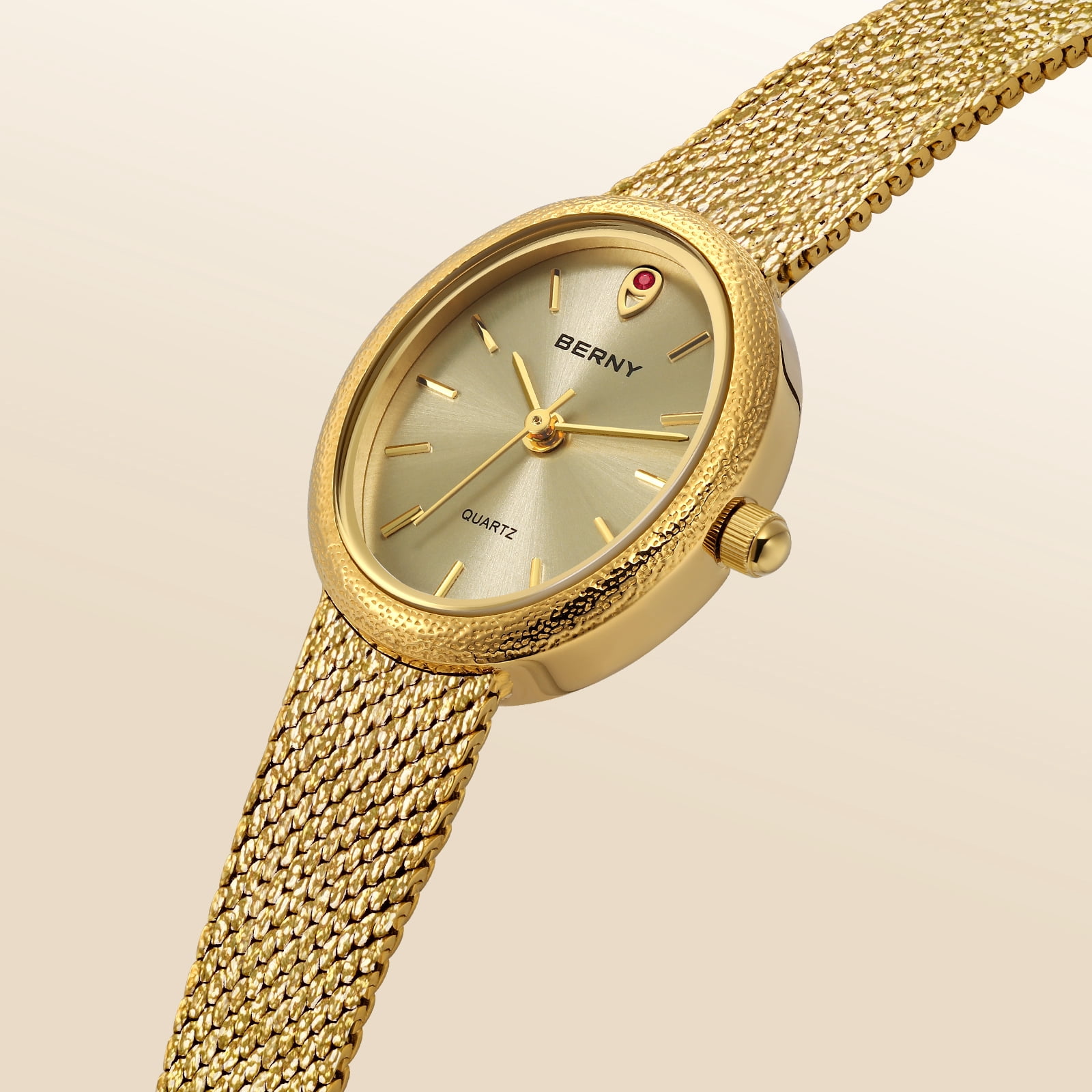 BERNY Small Gold Watches for Women, Dainty Minimalist Oval Dial, Vintage Stainless Steel Bracelet Watch, Adjustable Mesh Band, Waterproof, Luxury Ladies Analog Quartz Wrist Watch Gifts (Gold)