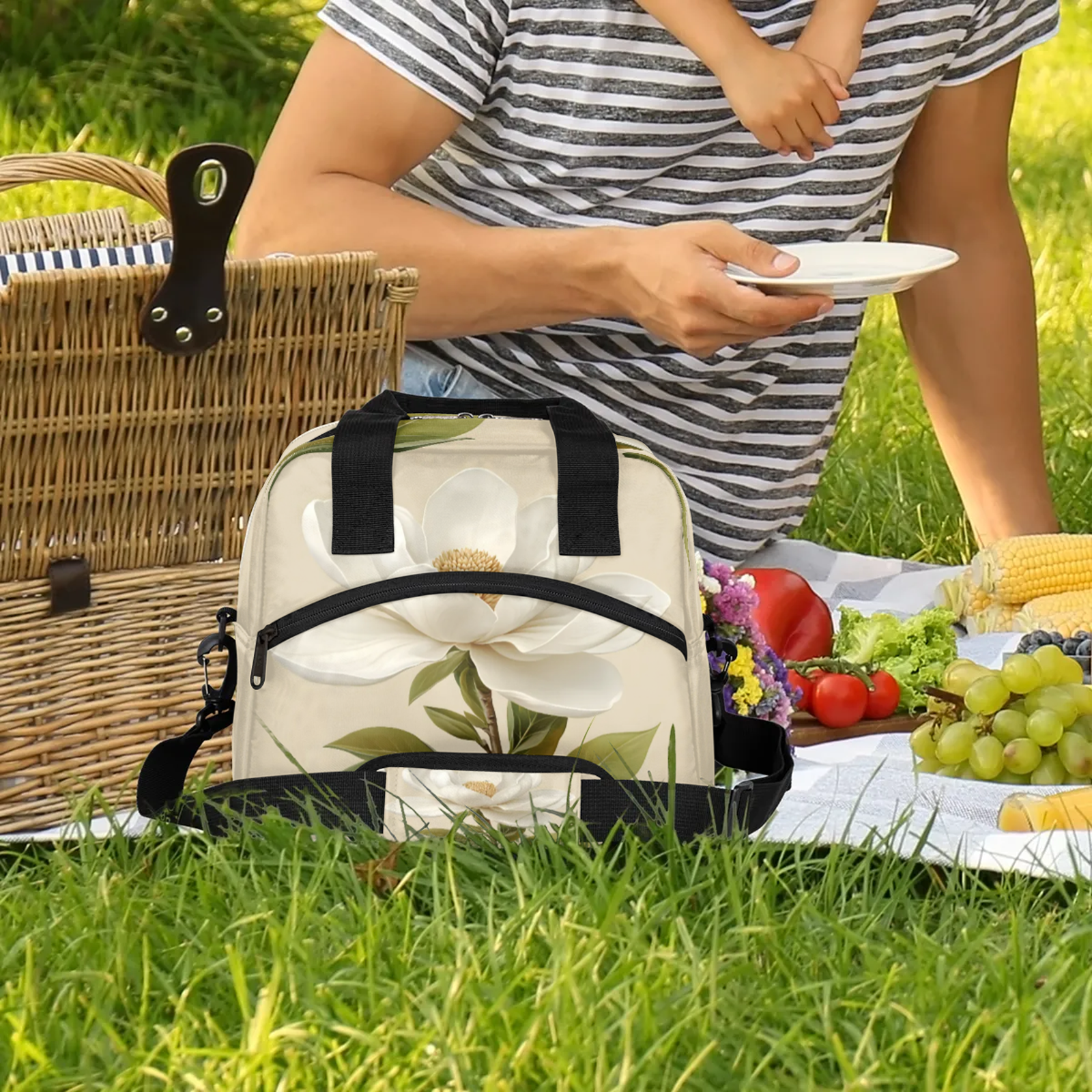 Herdesigns Flower Lunch Bag for Women Men Adult, White Floral Large Insulated Reusable Lunch Box Leakproof Portable Cooler Tote Bags for Work Picnic Beach