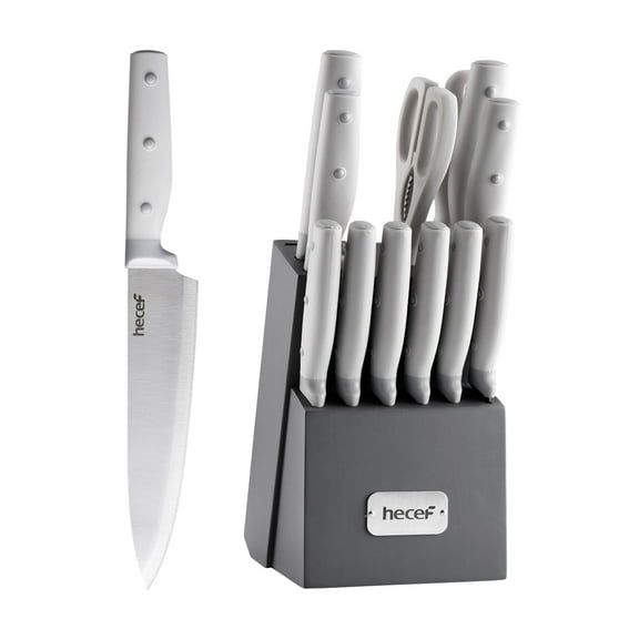 Hecef 14-Piece Gray Knife Set with Block and Sharpener, Anti-Rust Stainless Steel Kitchen Knife Set for Chefs