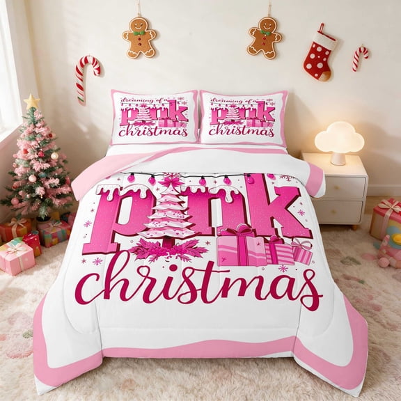 Manfei Merry Christmas Queen Comforter Set Holiday Comforter Sets Queen, Teal Pink 3-Pieces 1 Comforter and 2 Pillowcases, Pink Reversible