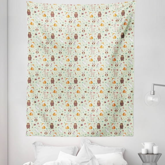 Animal Tapestry, Woodland Concept Pattern with Forest Animals Deer Fox Bear Rabbit and Owl, Fabric Wall Hanging Decor for Bedroom Living Room Dorm, 5 Sizes, Multicolor, by Ambesonne