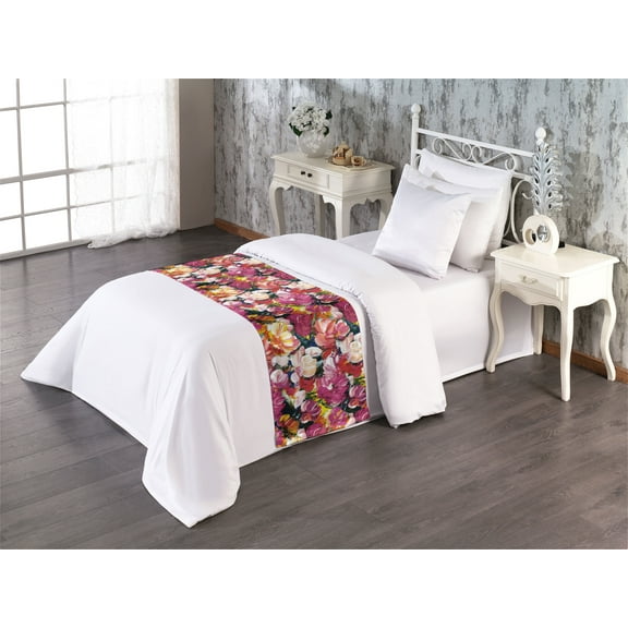 Floral Bed Runner, Spring Theme Garden Inspired Watercolor Style Flower Sketch Print, Decorative Accent Bedding Scarf for Hotels Homes & Guest Rooms, Twin, Cream Mustard and Magenta, by Ambesonne