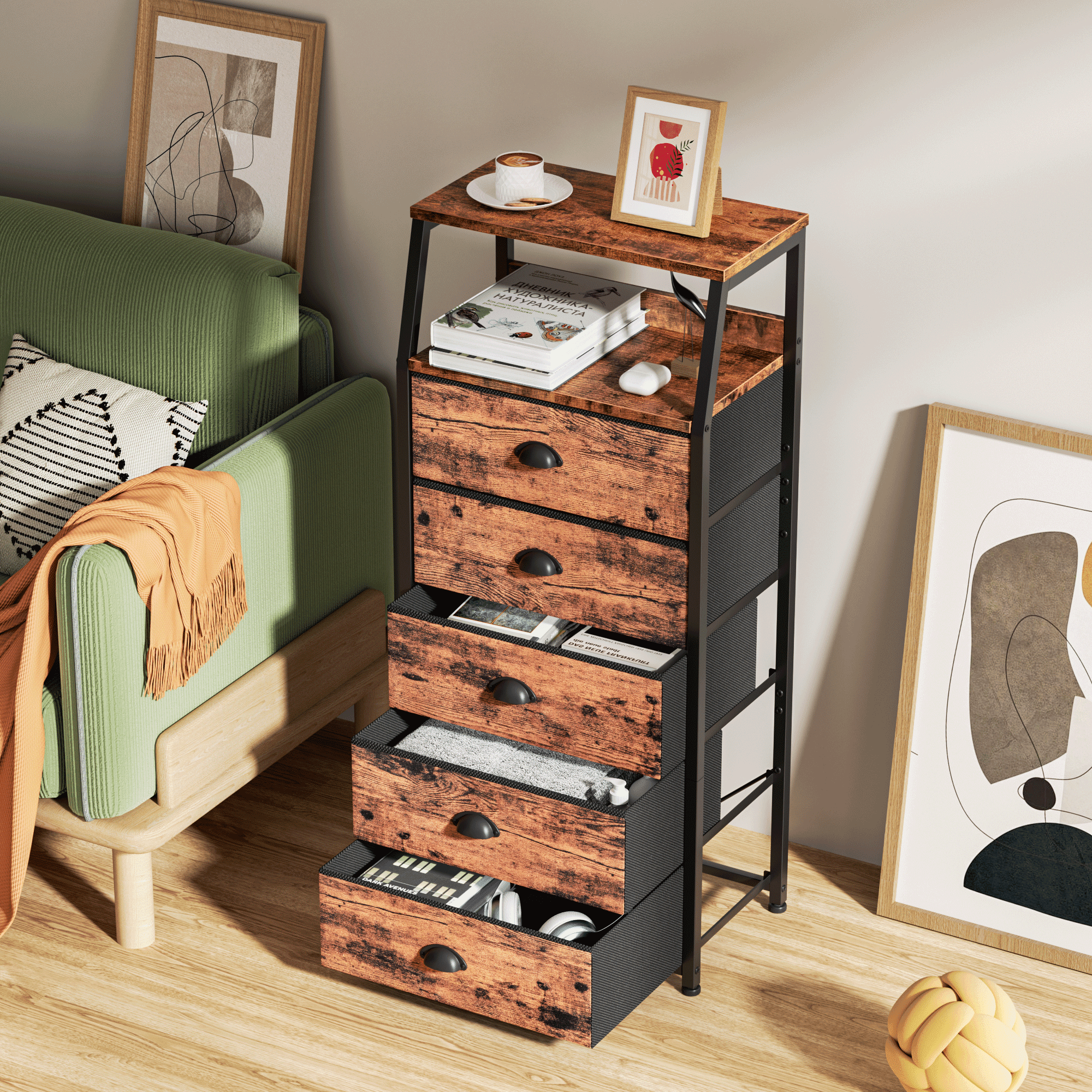 Satifur 5-Drawer Nightstand,Tall Fabric Dresser Storage End
