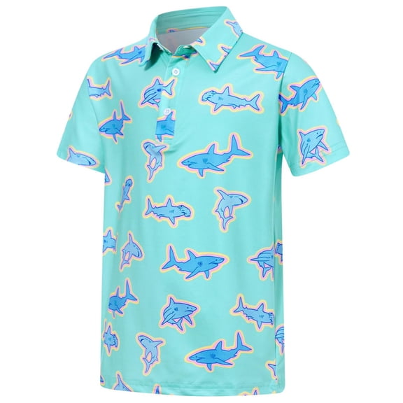 Hienoo Boy's Shark Print Short Sleeve Polo Shirt Summer Casual Beach T Shirt, Sizes 3-14