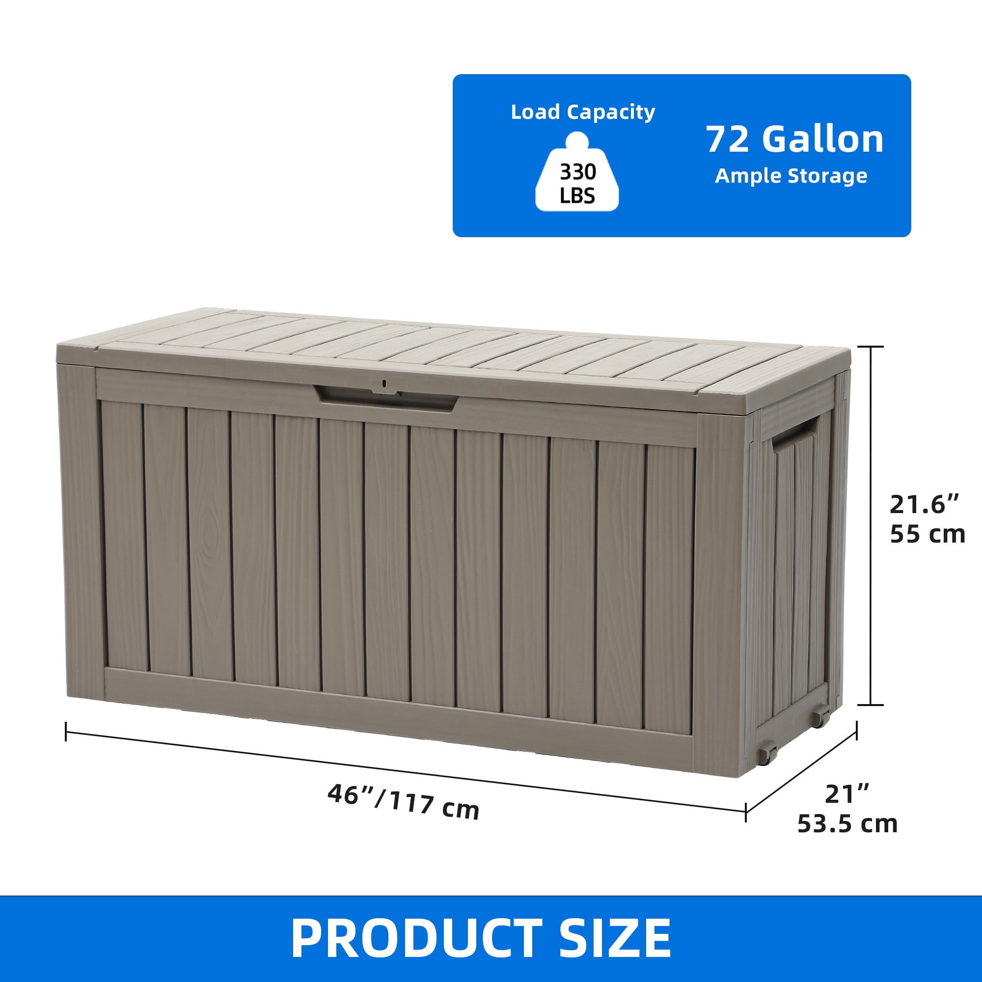 Dextrus 72 Gallon Weatherproof Resin Deck Box with Wheels, Mobile Lockable Outdoor Storage Bin, Durable Patio Organizer for Cushions, Garden Tools and Sports Equipment, Light Brown