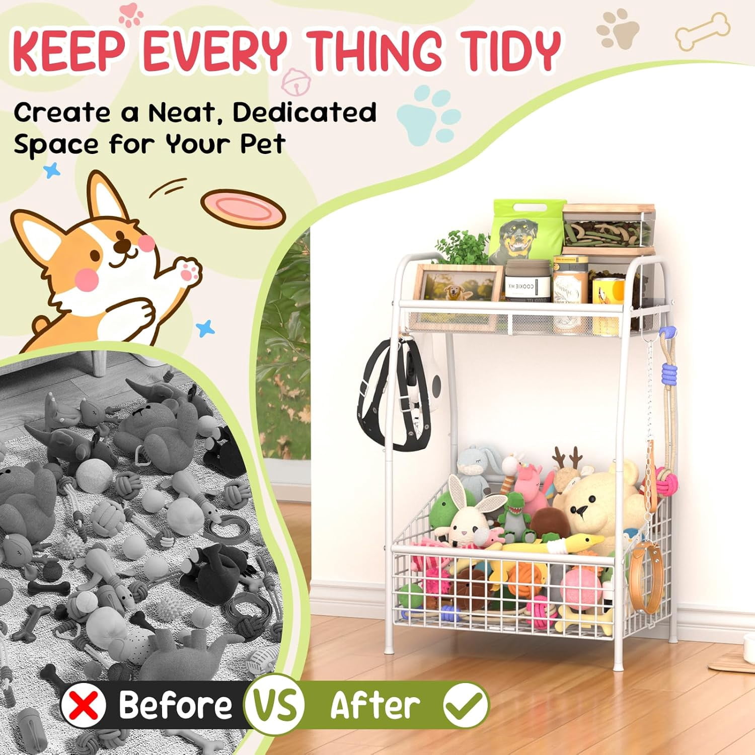 Indestructible Medium Dog Toy Basket - Rust Resistant Metal Wire Storage Organizer for Toys Food and Treats with Hooks