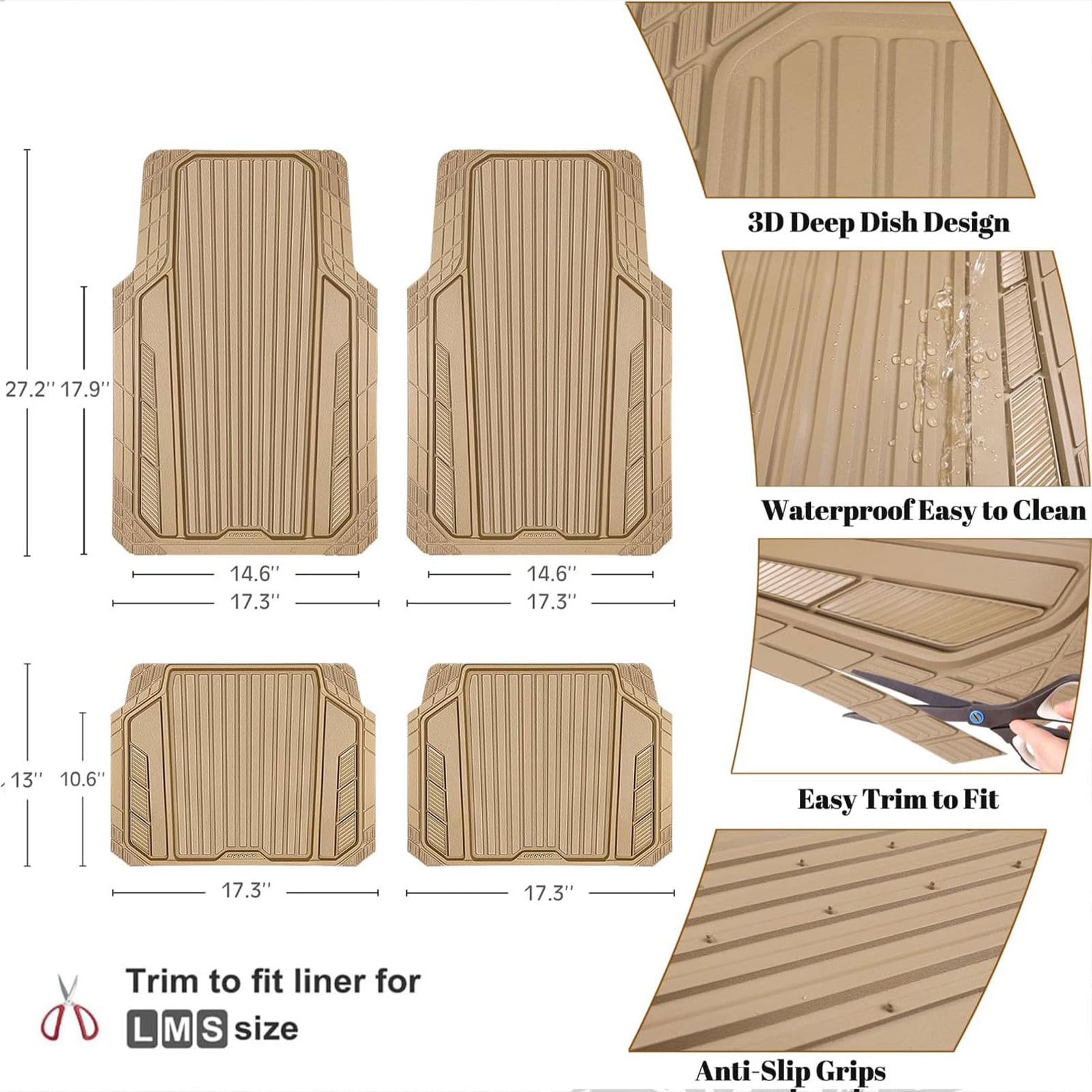 CAR GRAND Heavy Duty Rubber Car Floor Mats, Deep Dish Car Mats All Weather, Universal Trim-to Fit Automotive Floor Mats for Car SUV Truck Van, Durable Car Floor Liners waterproof anti-slip All Beige