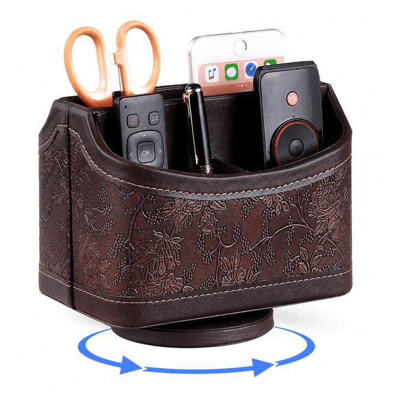 360° Rotatable Leather Remote Control Holder, Desk & Bedside Table Organizer, Couch Remote Holder, Multifunctional Bedside Storage Caddy for Home and Office
