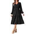 thumbnail image 2 of INSPIRE CHIC V Neck Dress for Women's Lantern Sleeve Ruffle A-Line Elegant Casual Midi Dresses XS Black, 2 of 6