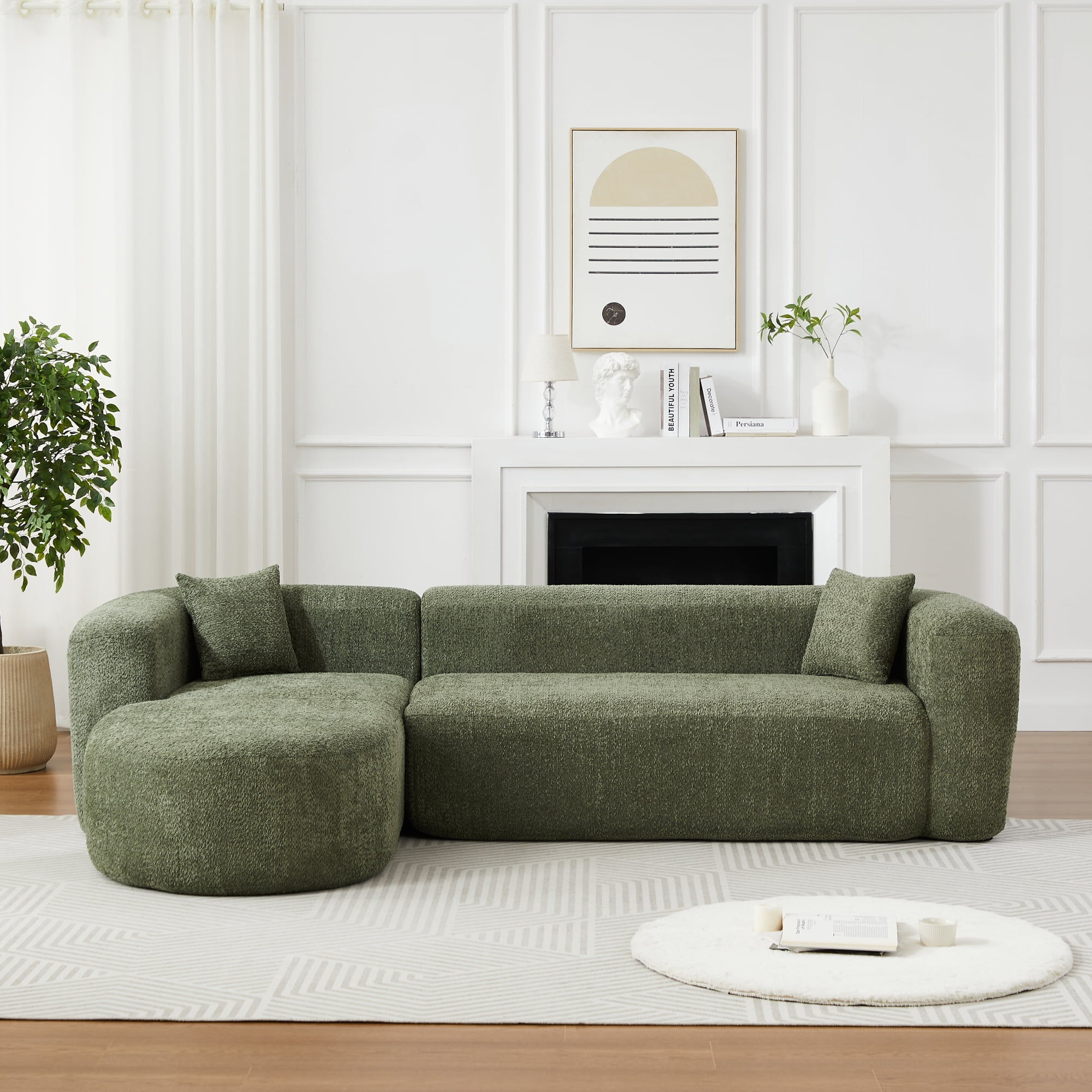 Leumius 109.4" Modern L-Shape Modular Sectional Sofa, Luxury Modern Curved Back Sofa with 2 Throw Pillows, Minimalist Boneless Cloud Couch Green