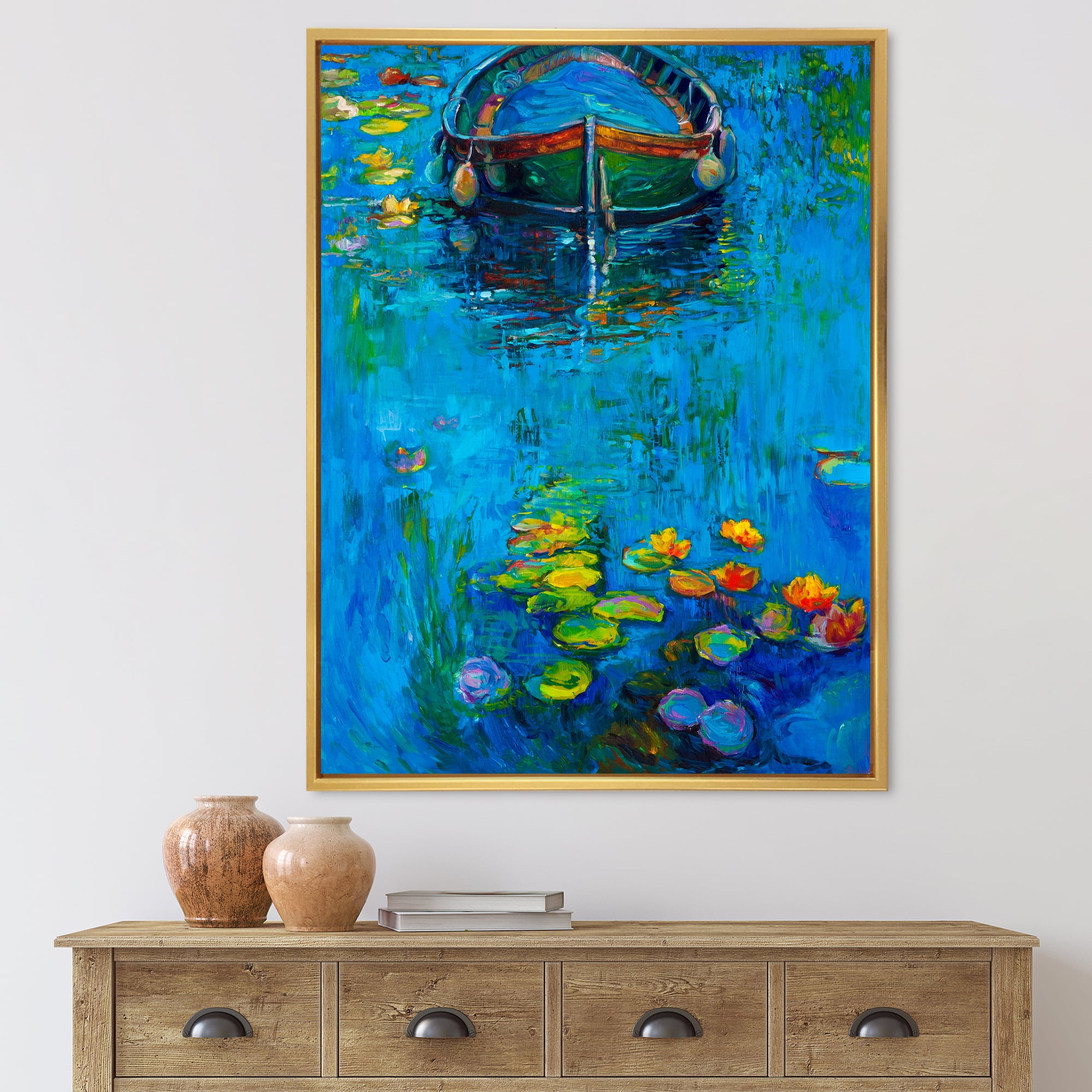 Designart 'Boat In Blue Lake' Nautical & Coastal Framed Canvas Wall Art Print