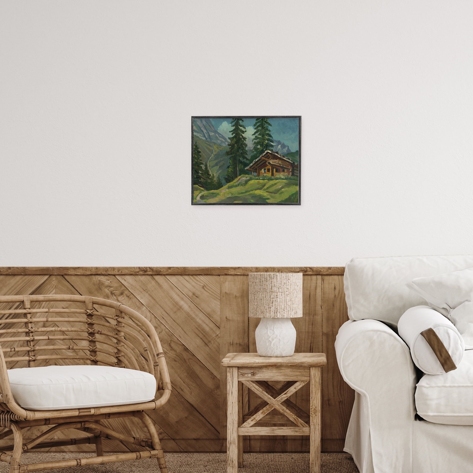 Cabin At Base Of Mountain Gray Framed Giclee Art, design by Lettered and Lined