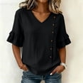 thumbnail image 4 of RQYYD Womens Short Sleeve V Neck Button Ruffle Tops Casual Linen Blouses Loose Fit Tee Shirts Daily Clothes, 4 of 7