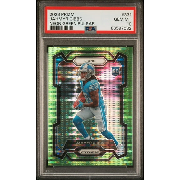 Graded 2023 Panini Prizm Jahmyr Gibbs #331 Neon Green Pulsar Rookie RC Football Card PSA 10 Gem Mint