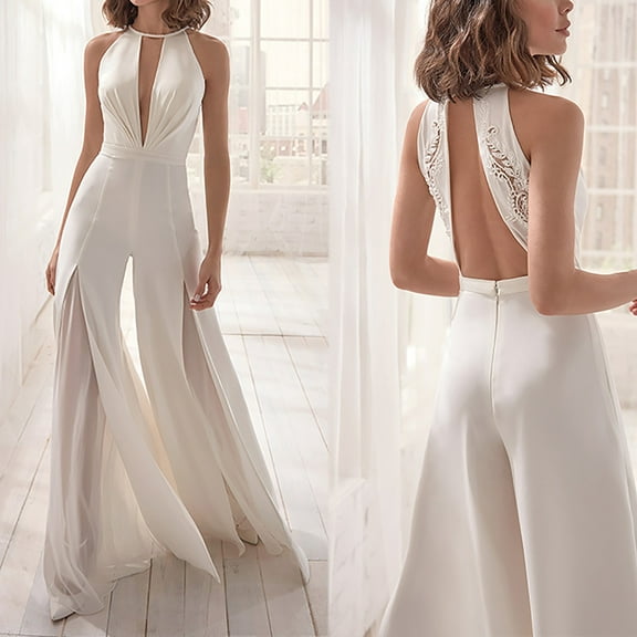 YODETEY Deep V-Neck Sequin Jumpsuit - Women's Solid Color Backless Hollow Out Sleeveless V-Neck Sexy Wide Leg Jumpsuit Canonicals