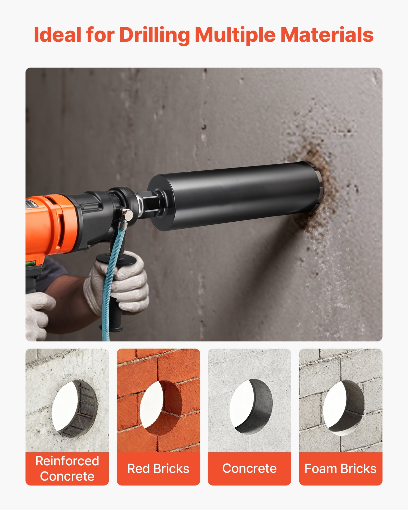 VEVOR Core Drill Bit, 4-1/2 inch Diameter, 14 inch Drilling Depth, 1-1/4 in-7 Internal Thread, High-Precision Welding Technology, Wet Diamond Core Bit for Reinforced Concrete, Bricks, and Masonry