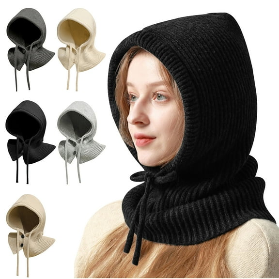 UTSJKR Winter Hats for Women Balaclava Knit Beanie with Adjustable Drawstring Warm Hooded Scarf Skull Cap Black