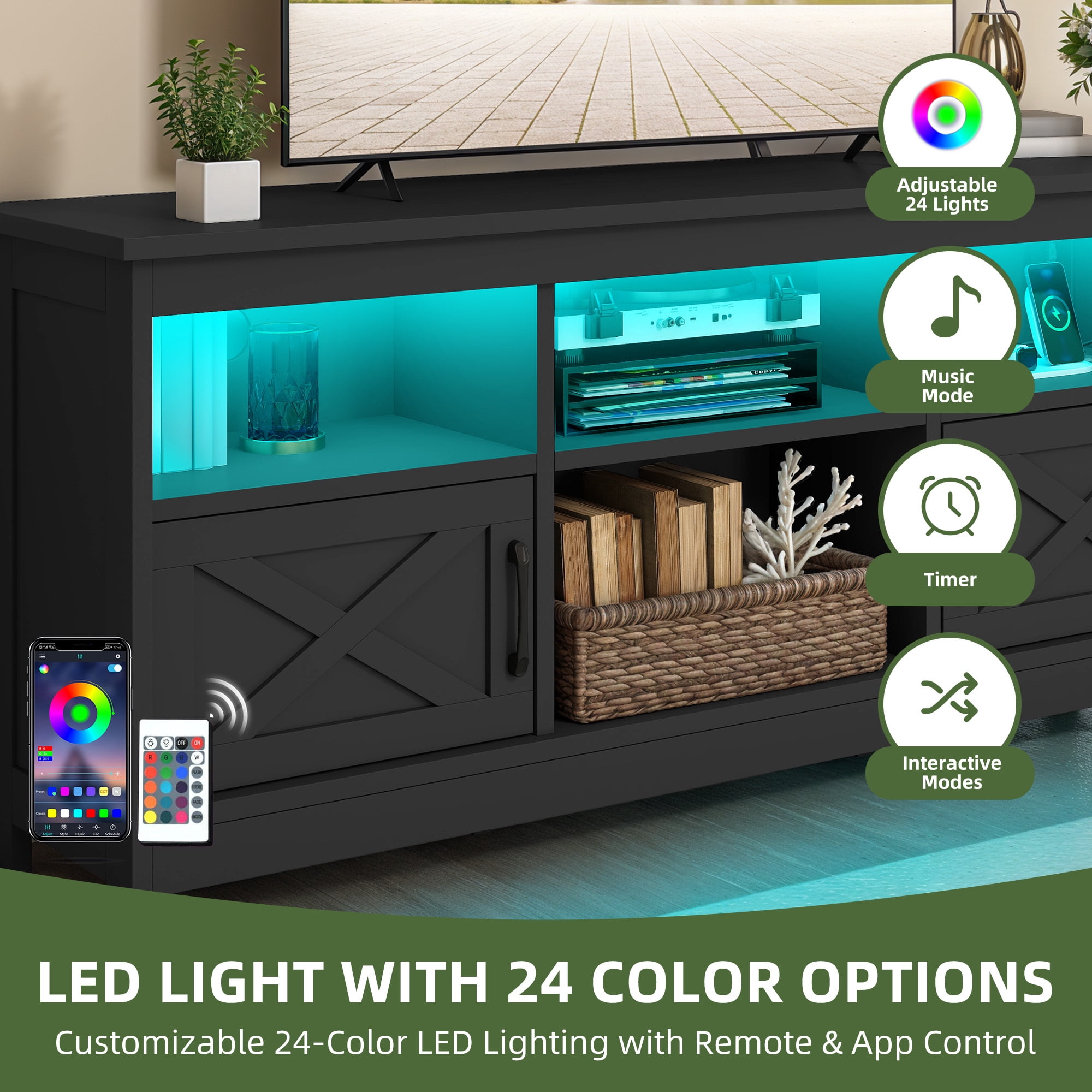 Uforic 59" TV Stand for 65" TV - Black Entertainment Center with Storage Cabinets, Open Shelves, 24-Color LED Light Strip & Integrated Power Strip, Ideal for Living Room or Bedroom Media Console