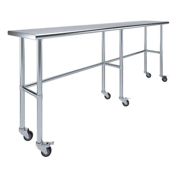 AmGood 96" Long x 18" Deep Stainless Steel Work Table With Open Base and Wheels | Mobile Metal Table