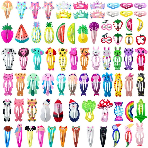 POINTERTECK 80Pcs Lovely Animal Fruit Printed Pattern Metal Snap Hair Clips for Girls, Cartoon Design Hair Pins for Kids Teens Pets