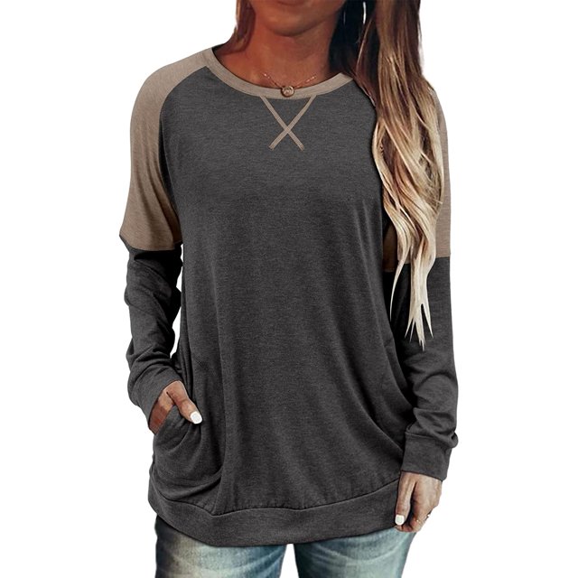 Womens Tops Color Block Pullover Long Sleeve T Shirts with Pockets Crew Neck Tunic Blouse