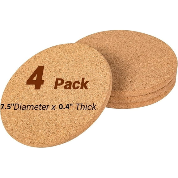 Cork Trivet 4 Pack Round Cork Hot Pads for Dishes 7.5" x 0.4" High Density Thick, Cork Hot Pads for Kitchen, Heat Resistant Cork Trivets for Pots and Pans, Cork Mat for Countertop & Table