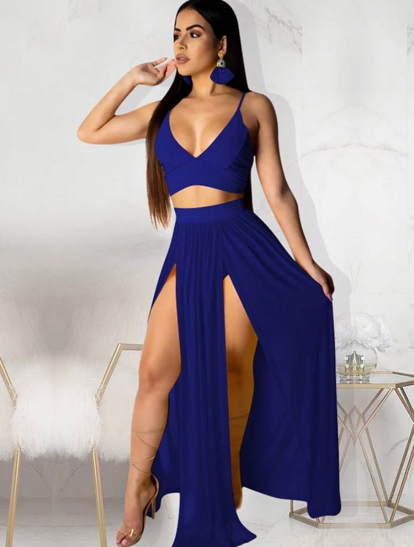Buy Women Sexy 2 Piece Outfits Dress Chiffon Strap Deep V Neck Bra Crop Top  High Split Maxi Dresses Skirt Set online