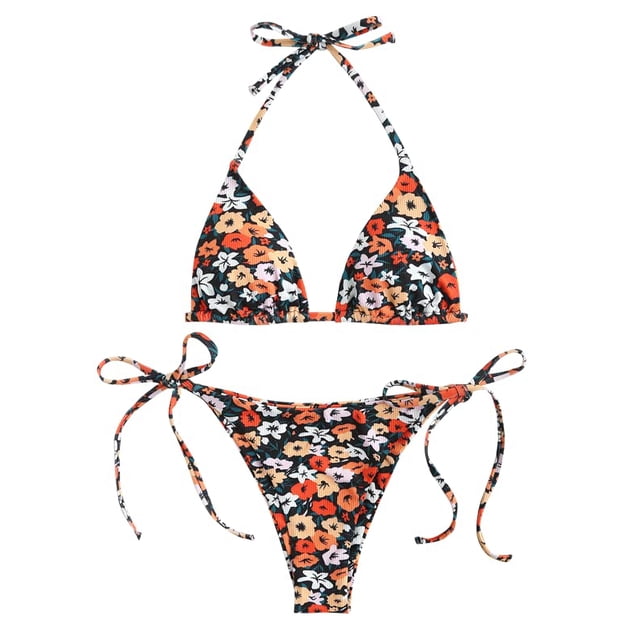 Bikini ZAFUL Triangle de 2 piezas, halter, corte alto, negro, estampado floral S