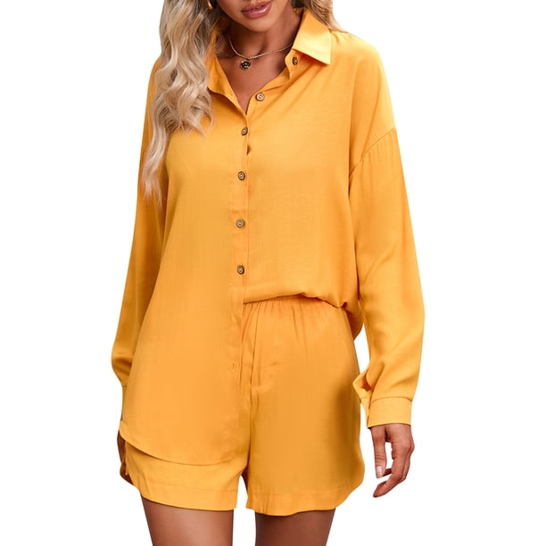 Ropa de mujer, Conjunto de pantalones cortos de camisa para mujer Camisa casual de manga larga con b Tomshoo Amarillo/XX-grande