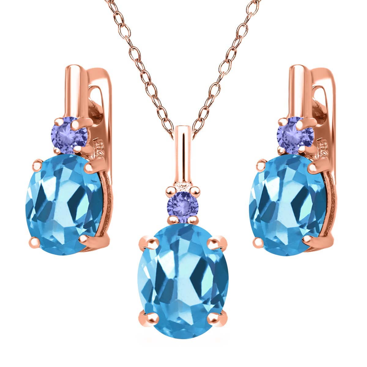6.68 Ct Swiss Blue Topaz Blue Tanzanite 18K Rose Gold Plated Silver Pendant Earrings Set by