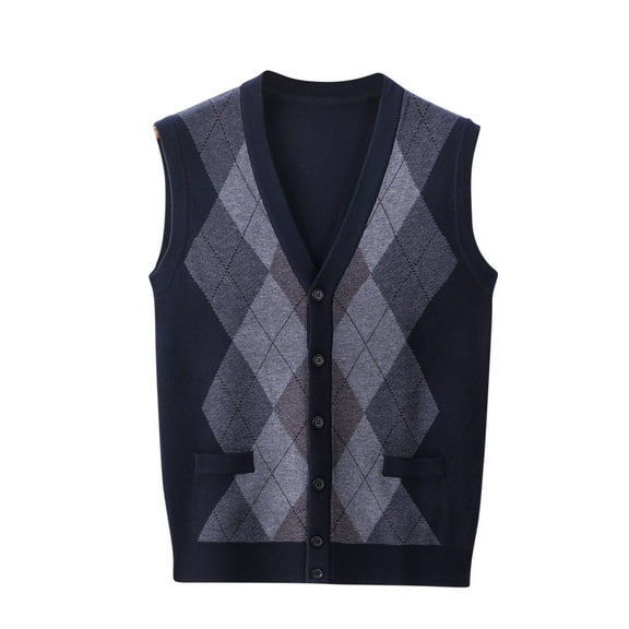 Buigttklop Sweater Vest Men Plaid Button Up Fall Cardigan V Neck Sleeveless Fashion Casual Knit Jumper Tops Loose Sweaters with Pocket