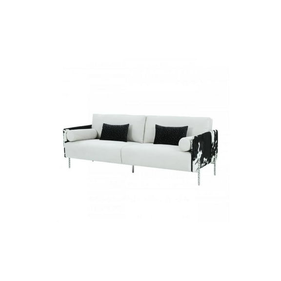 HomeRoots 89" White Faux Cowhide and Silver Sofa