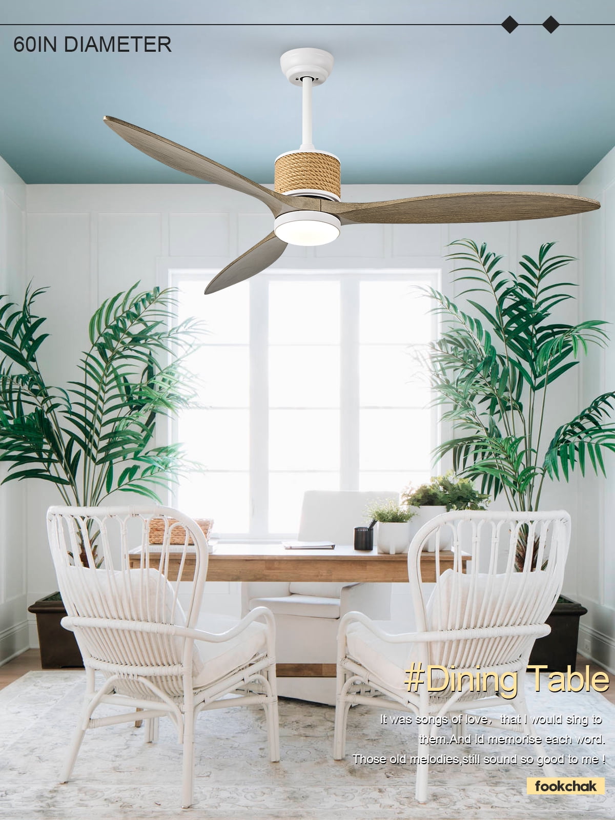60in Boho White Ceiling Fan Lights with Remote Control 3 Blade Hemp Rope Ceiling Fans with Light Coastal Weathered Wood Ceiling Fan Outdoor Farmhouse Fan Light for Patio Living Room Kitchen