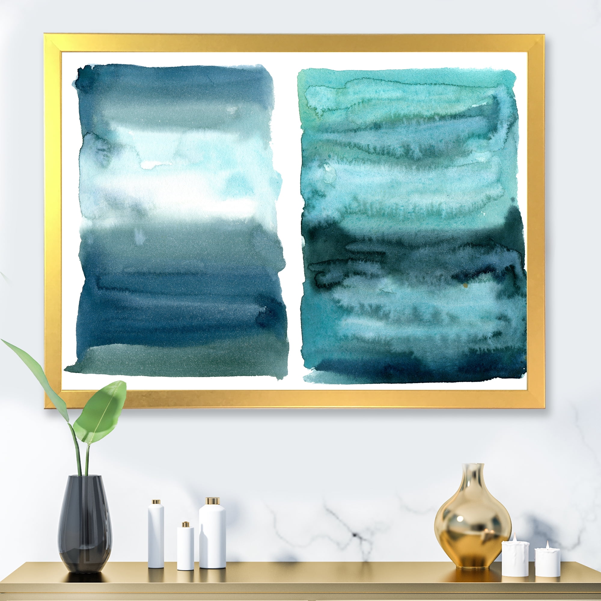Designart 'Abstract Blue Ocean Aquatic Impression II' Modern Framed Art Print