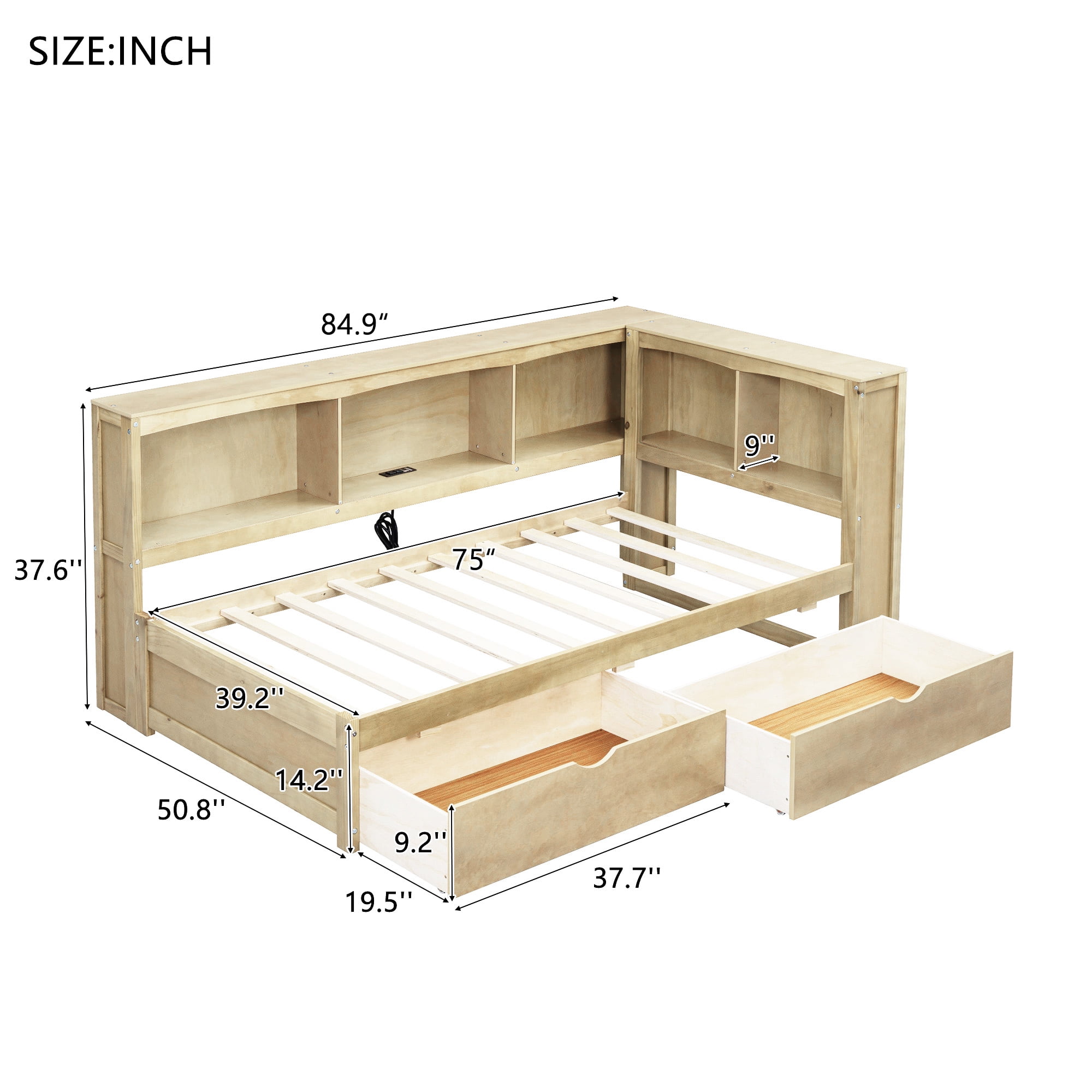 Alvantor Twin Size Daybed with Bookcase and USB Ports, Corner Bed Frame With Storage Drawers & Cabinets, Natural Wood