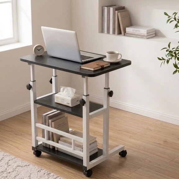 Rolling Desk with Height Adjustable Frame and Wheels, Storage Computer Cart