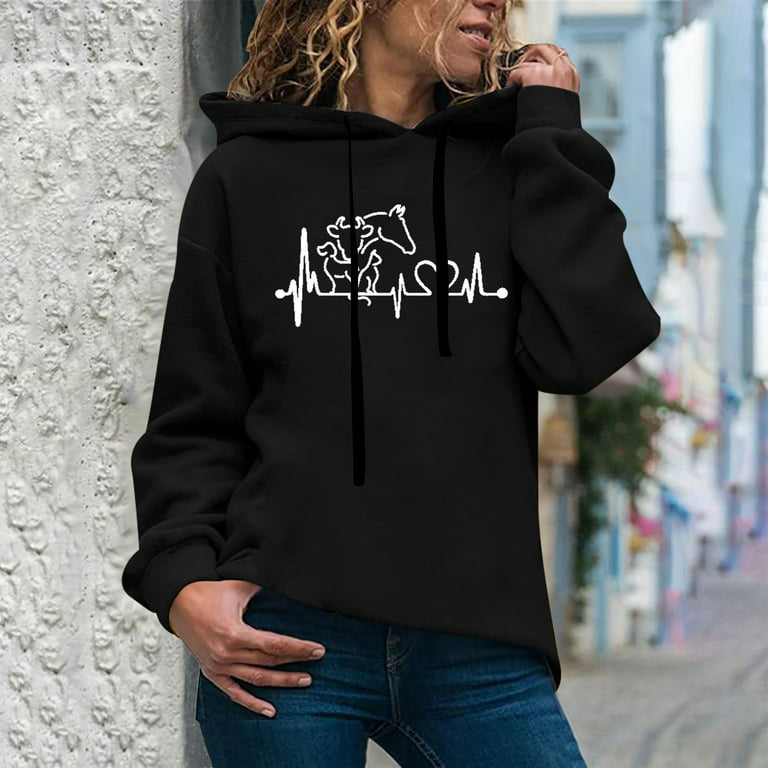 KIJBLAE Sales Women's Fashion Sweatshirt Pocket Drawstring Pullover Tops  ECG Graphic Print Casual Comfy Womens Hoodie Sweatshirt Trendy Clothes for  Women Black XXXL 
