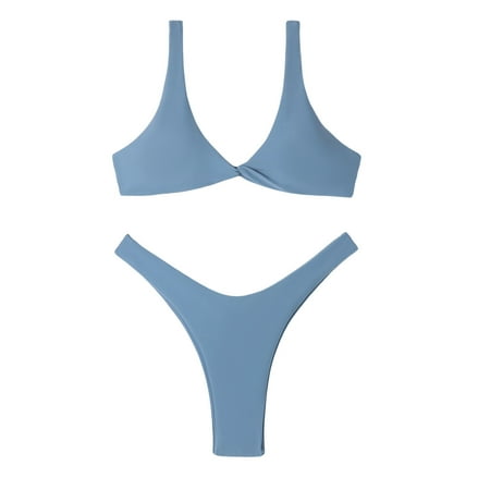 NIEWTR Women s String Two Piece Halter Top Triangle Bikini Set with Tie Side Bottom Sexy Swimsuit Bathing Suits(Light Blue XS)