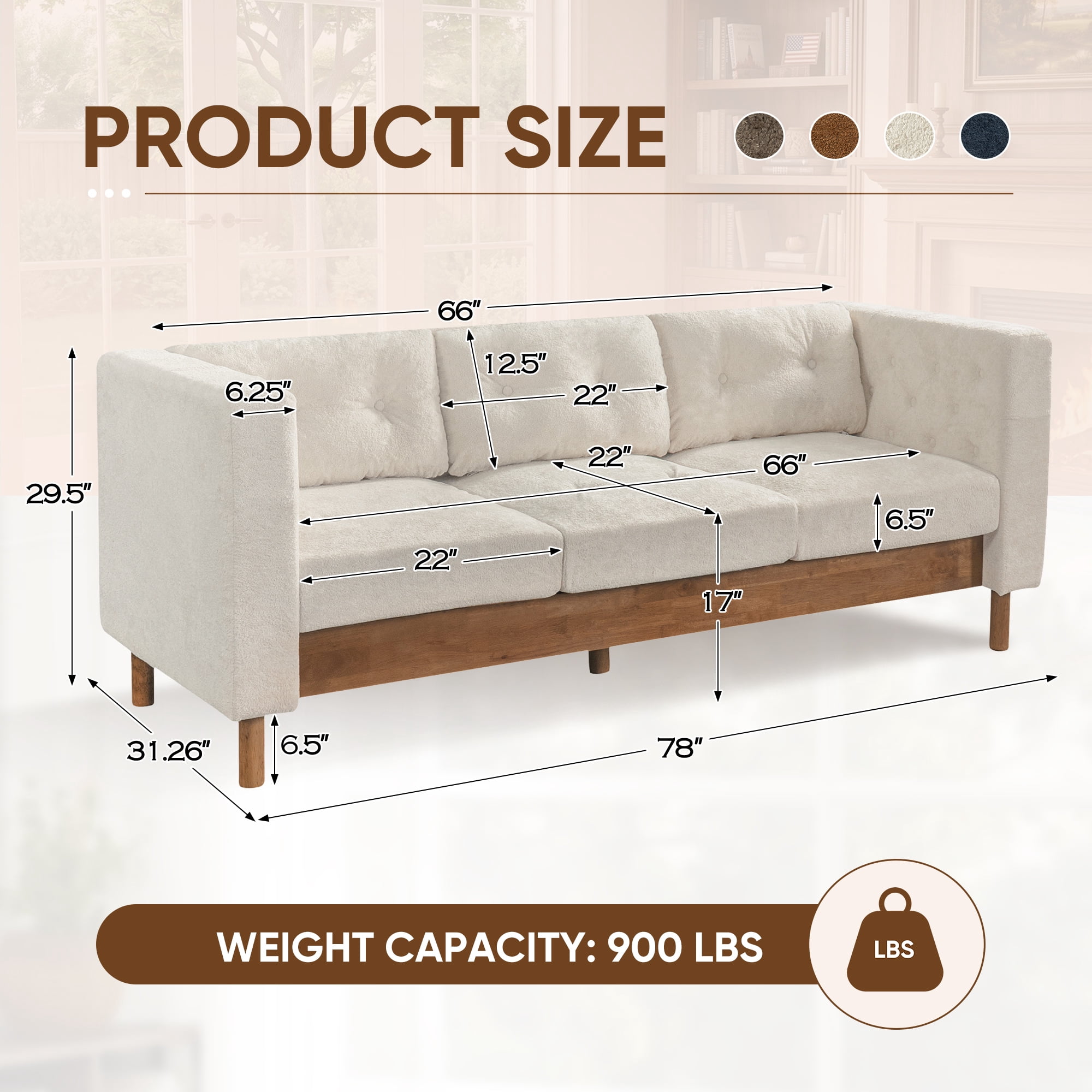 Lunale 78" Chenille 3-Seater Sofa, Modern Mid‑Century Upholstered Couch for Living Room, Apt., Tufted Design & Wood Legs, Beige