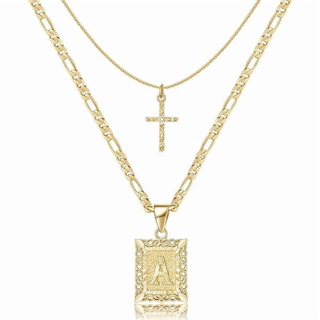 Chenchen Gold Layered Initial Cross Necklace, 14K Gold Plated Layering Square Letter Pendant Figaro Chain Cross Choker from A-Z Capital Jewelry for Women Girls