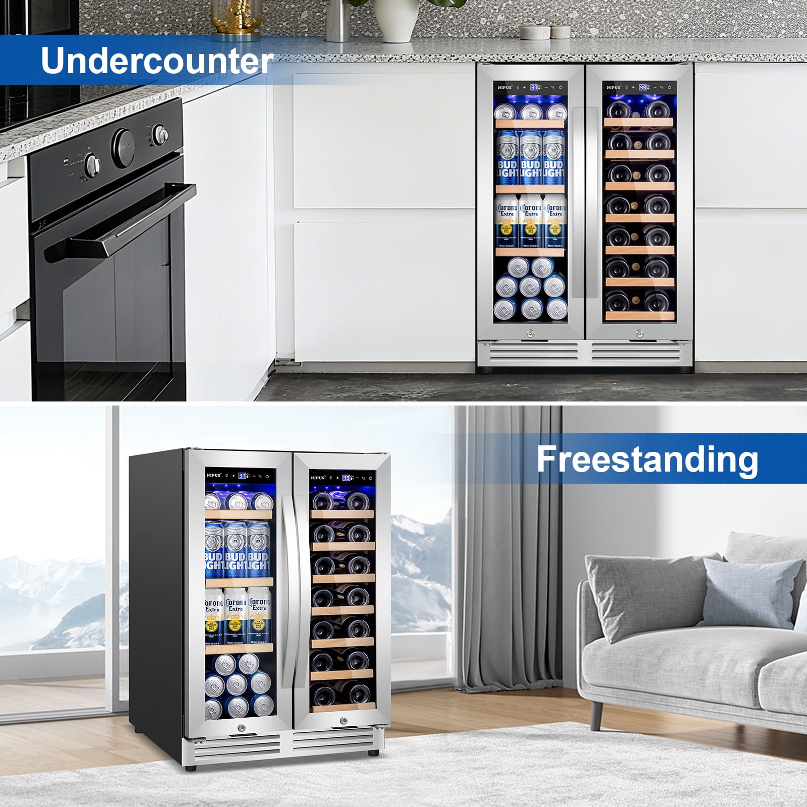 TITTLA 24 inch Wine and Beverage Refrigerator,Dual Zone 21 Bottles and 80 Cans,Built in,Silver