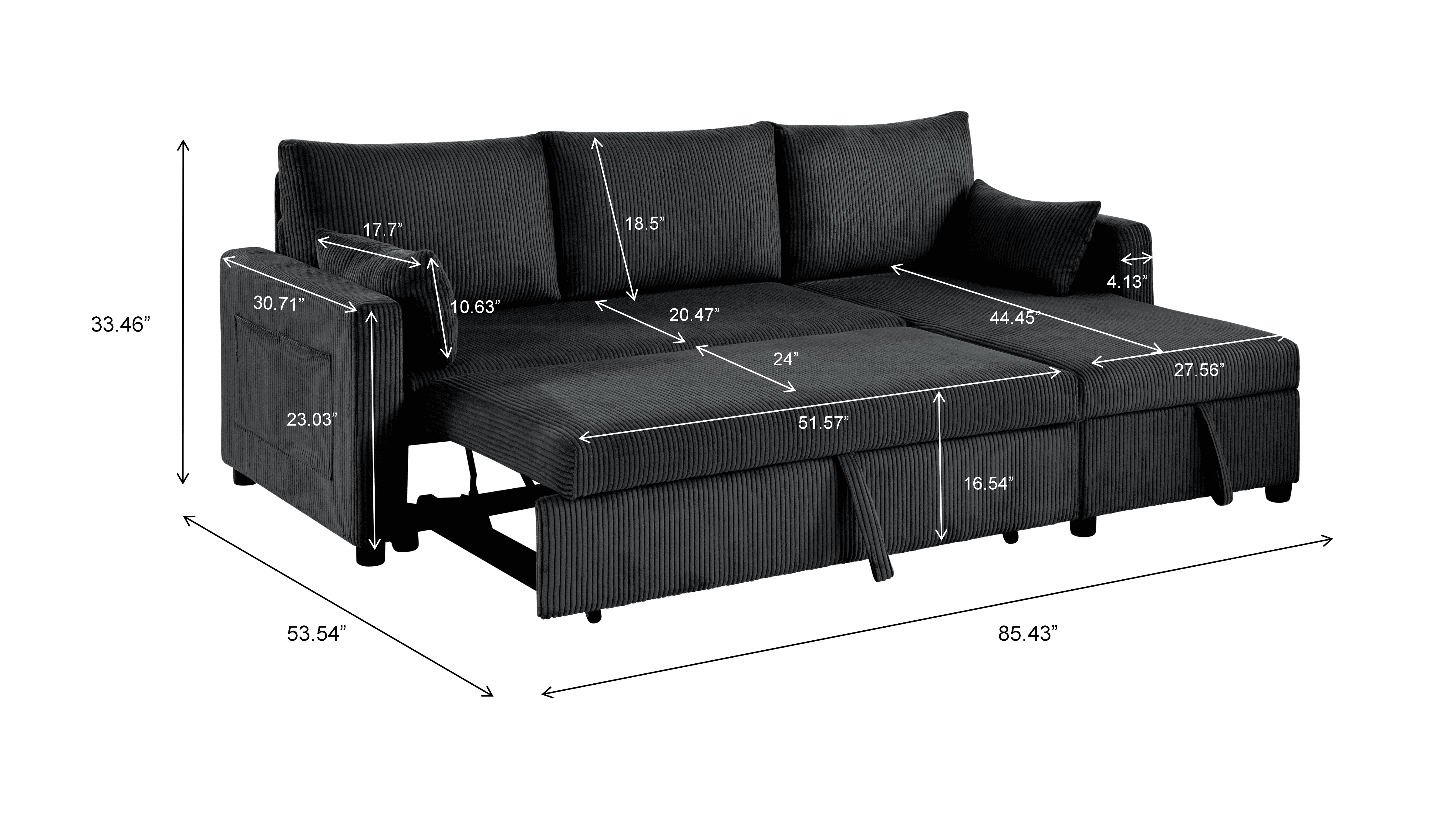 Gewnee L-Shaped Corduroy Convertible Sleeper Sofa Bed with Storage Chaise, 3-Seater Corduroy Sectional Couch for Small Living Room Apartment Office Black