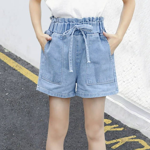 Spring And Summer Cute Solid Girls Pocket Elastic Waist Comfy Shorts Jeans