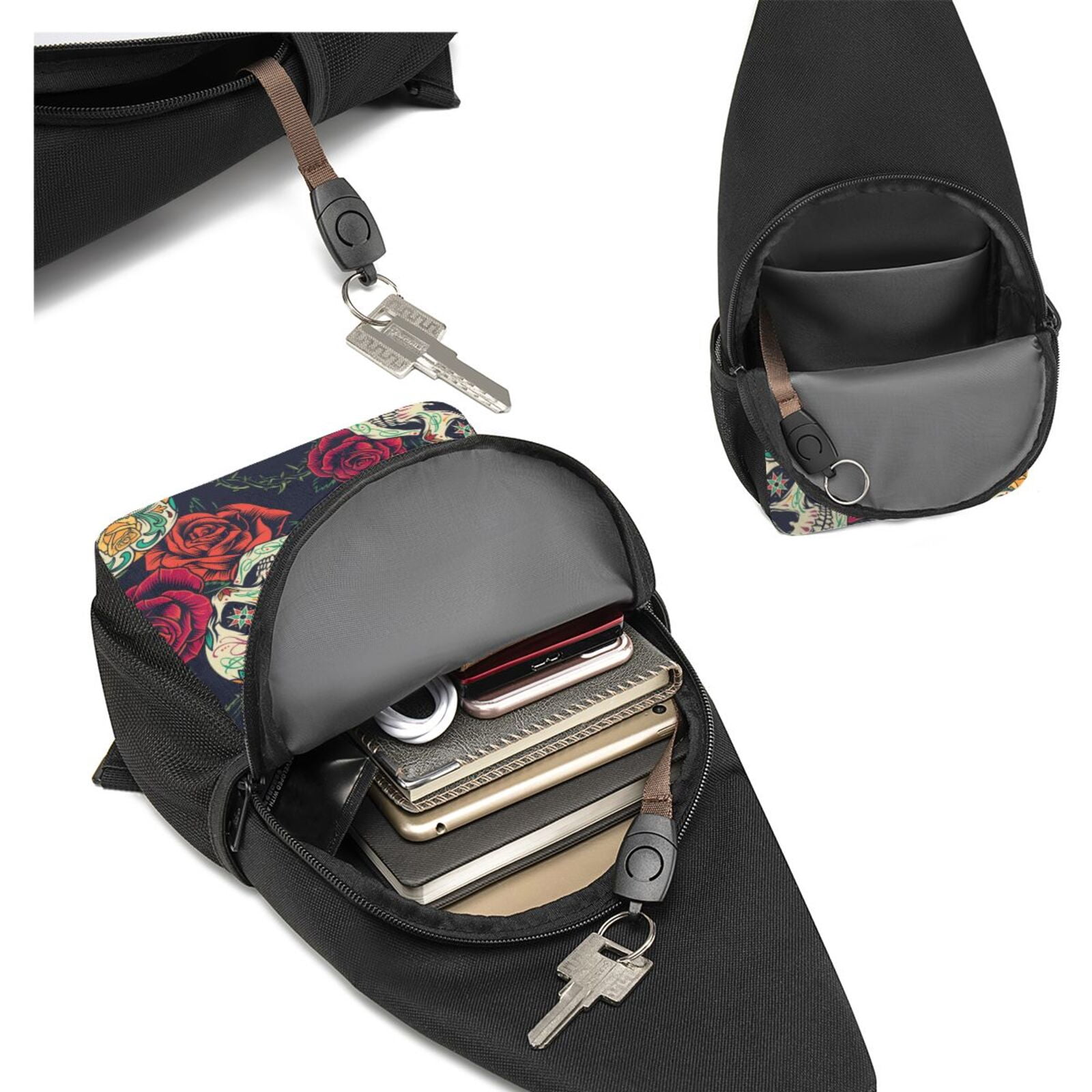 Xecao's Roses Skulls Print Sling Bag: A Versatile Chest, Shoulder, and Crossbody Backpack for Casual Days Out, Perfect for Both Men and Women