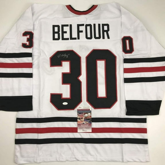 Autographed/Signed Ed Belfour Chicago White Hockey Jersey JSA COA