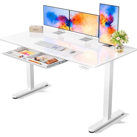 CHITOOMA Glass Electric Standing Desk with Drawer, 55 x 28 Inches Height-Adjustable Desk, One-Piece Tempered Glass Top, Ergonomic Home Office Sit Stand Desk with 4 Preset Heights, White